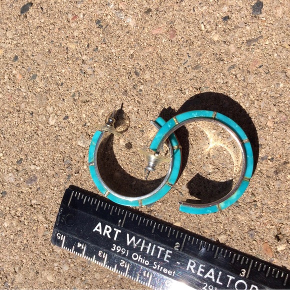 Vintage Native American - Turquoise, Coral & Lapis - Hoop Earrings - Picture 15 of 16